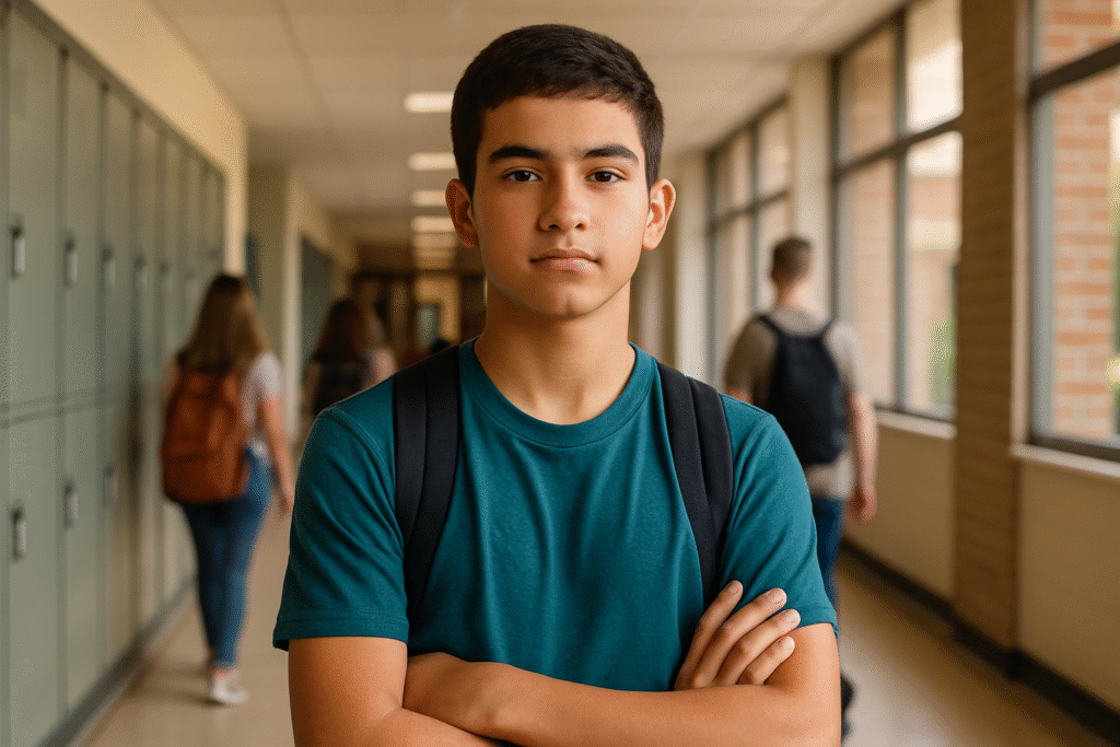 A confident teenage boy stands in a school hallway with arms crossed, symbolizing inner strength and resilience in the face of bullying.