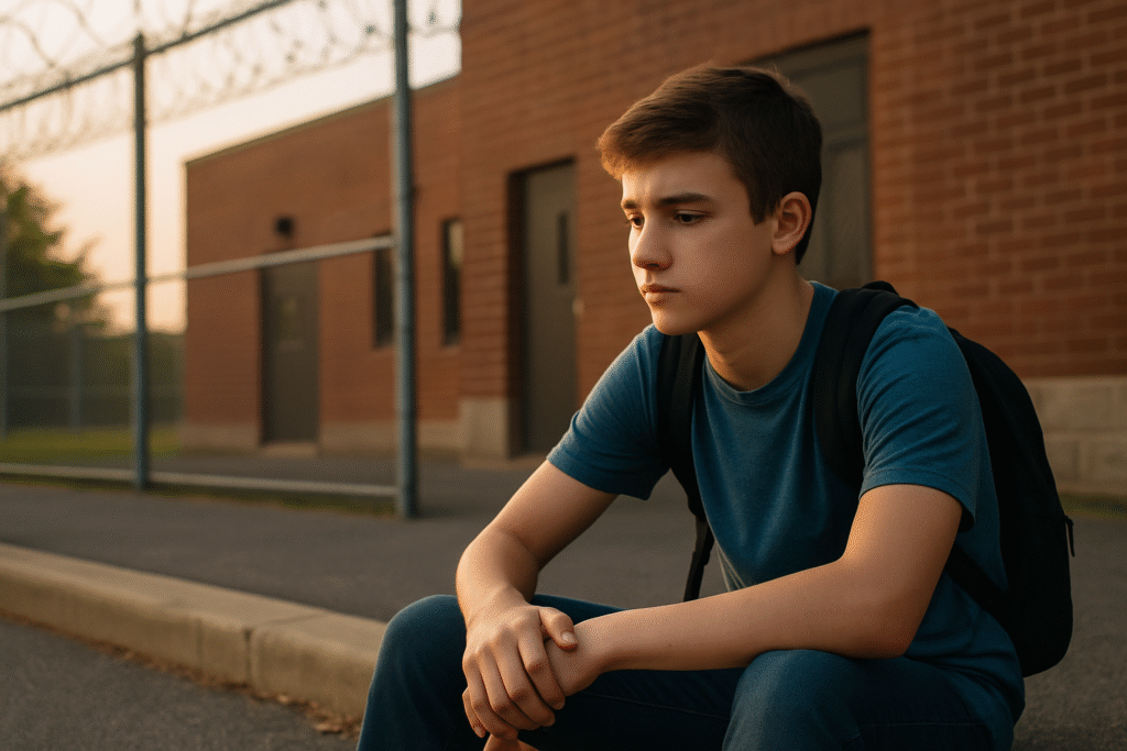 A teenage boy sits quietly outside a red brick building with fencing, looking thoughtful and serious, representing the consequences of getting in trouble and the chance to turn things around.