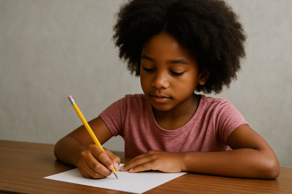 A young girl writes thoughtfully at a wooden desk with no distractions, representing strength, care, and emotional resilience.