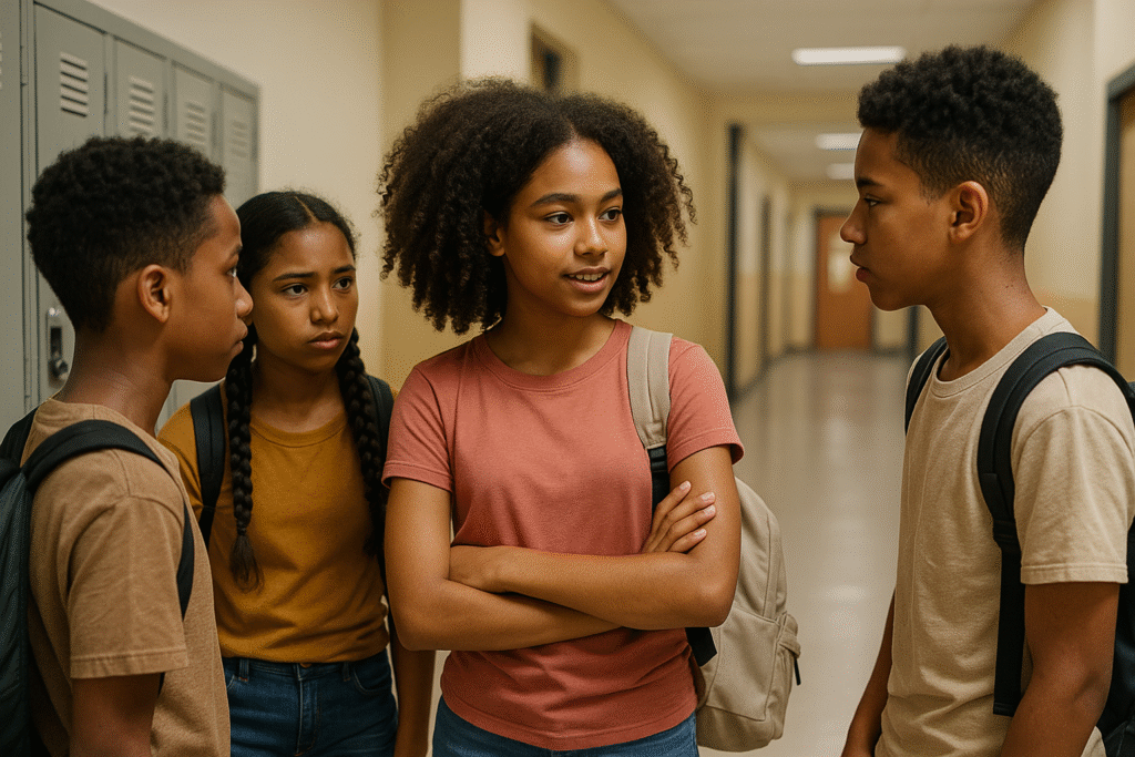 A group of teens talk together in a school hallway, with one girl speaking confidently, symbolizing positive peer influence and strength in making good choices.