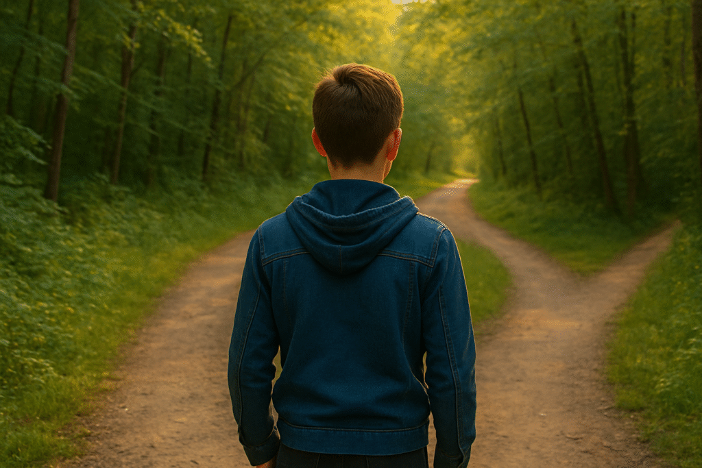 A teenage boy with light skin stands at a clear fork in a wooded trail, each path leading in a different direction under warm golden light, symbolizing important life decisions.