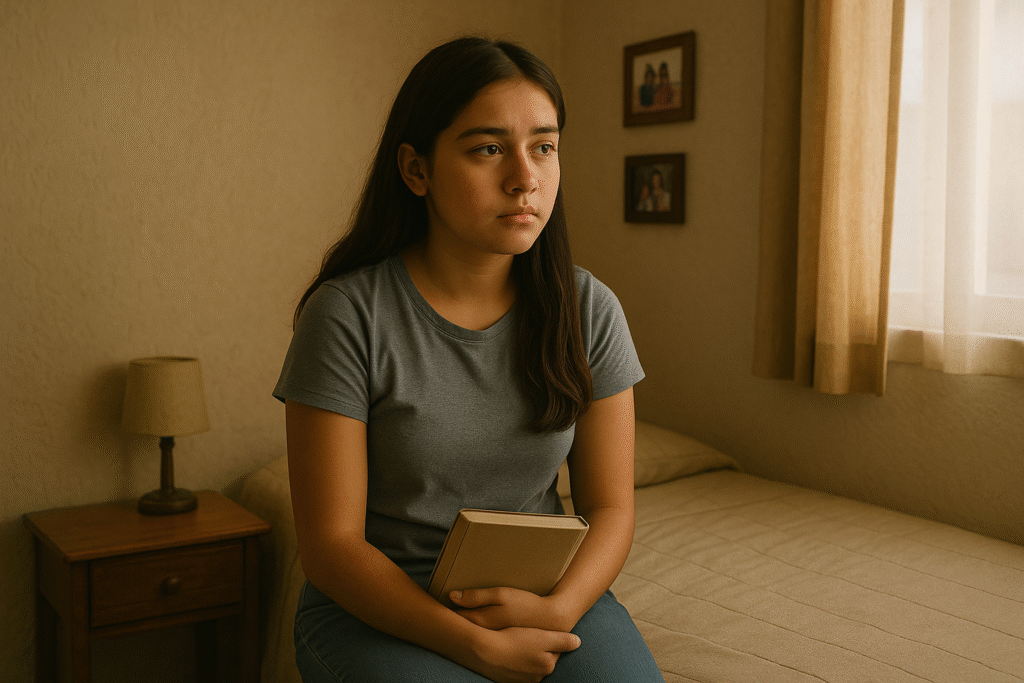 A teenage girl sits quietly on her bed holding a book, with soft daylight coming through a window, reflecting the challenges and emotions of a difficult home life.