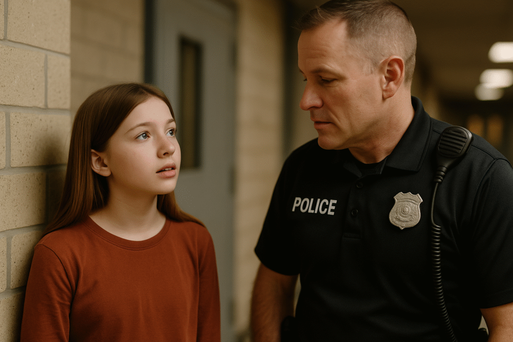 A teenage girl speaks with a police officer in a school hallway, showing courage and responsibility in reporting a crime.
